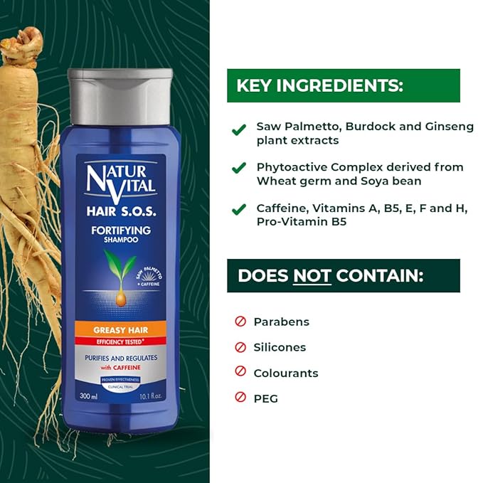 Natur Vital Unisex Natural, Plant-based Hair SOS Revitalizing Shampoo for Greasy Hair Cruelty-Free & Paraben-Free 300ml.