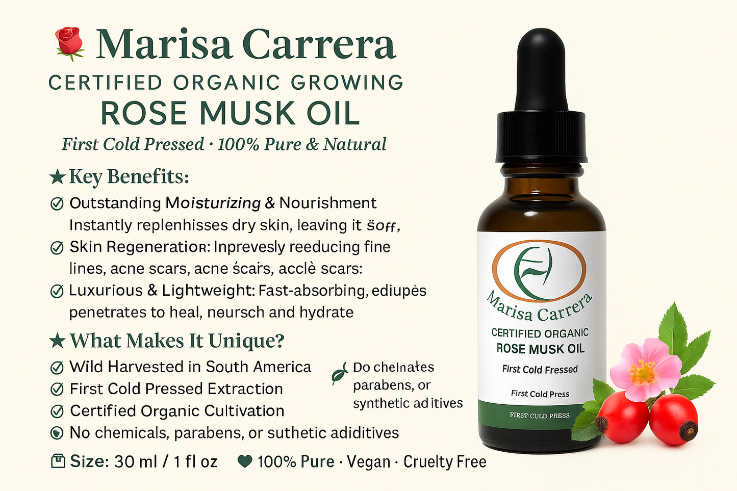 Musk Rose Oil "Marisa Carrera"- Aceite de Rosa Mosqueta 100 % Certified Organic 30ml /1fl.oz.