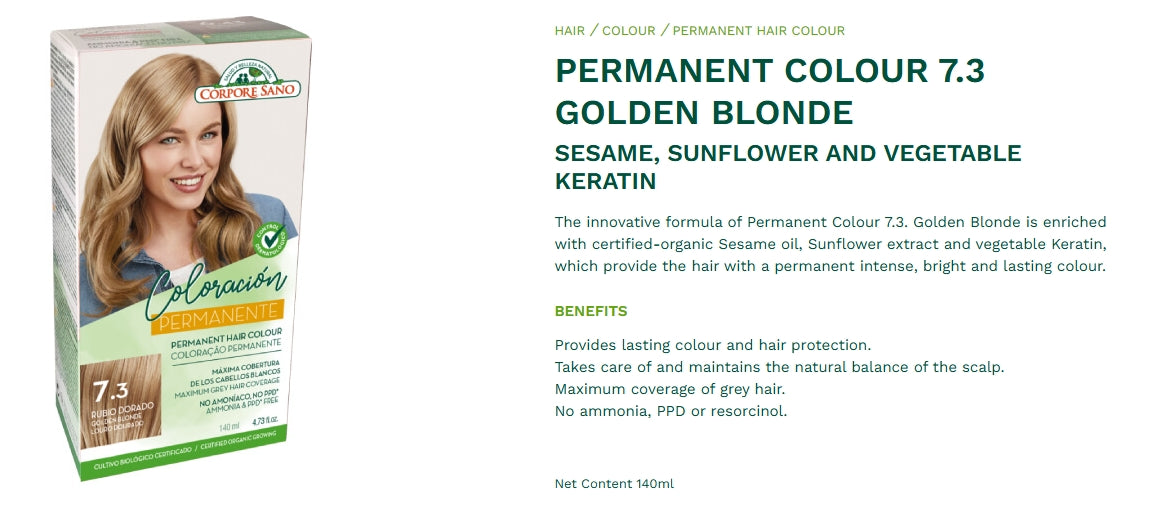 Corpore Sano Permanent Hair Color # 7.3 Golden Blonde No Ammonia, No Parabens, No Resorcinol. PPD Free