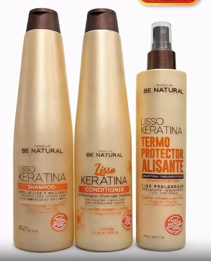 BE NATURAL Lisso Keratina Shampoo Conditioner & Thermoprotector Set