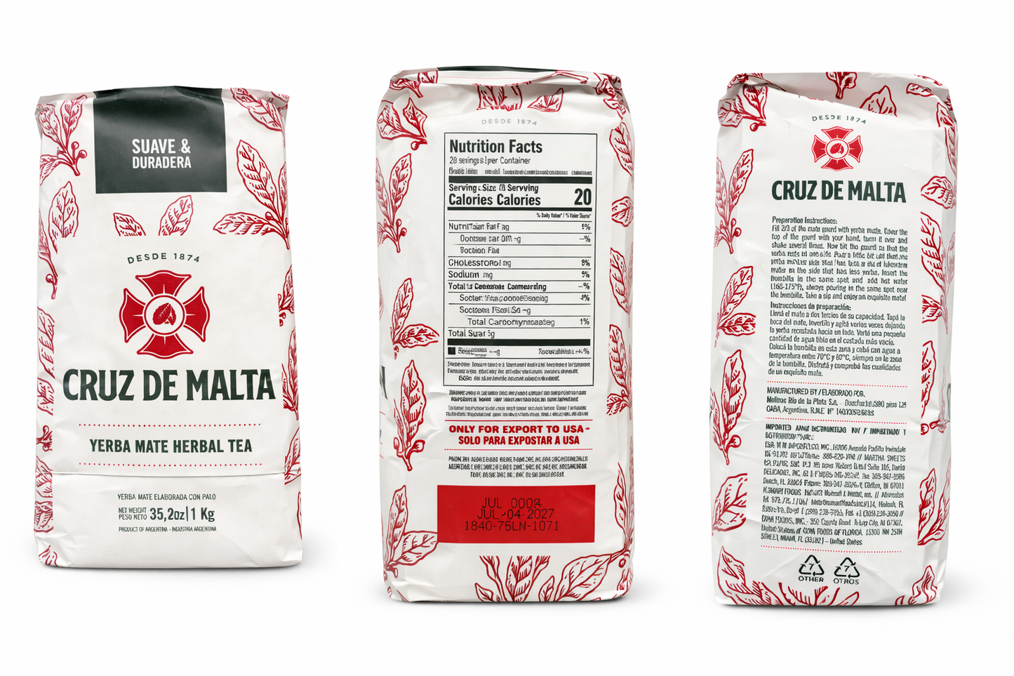 Cruz de Malta Yerba Mate Herbal Tea 2.2 lb / 1 Kg USA Seller