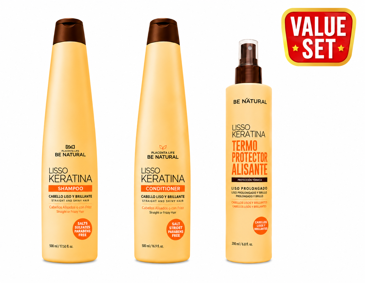 BE NATURAL Lisso Keratina Shampoo Conditioner & Thermoprotector Set