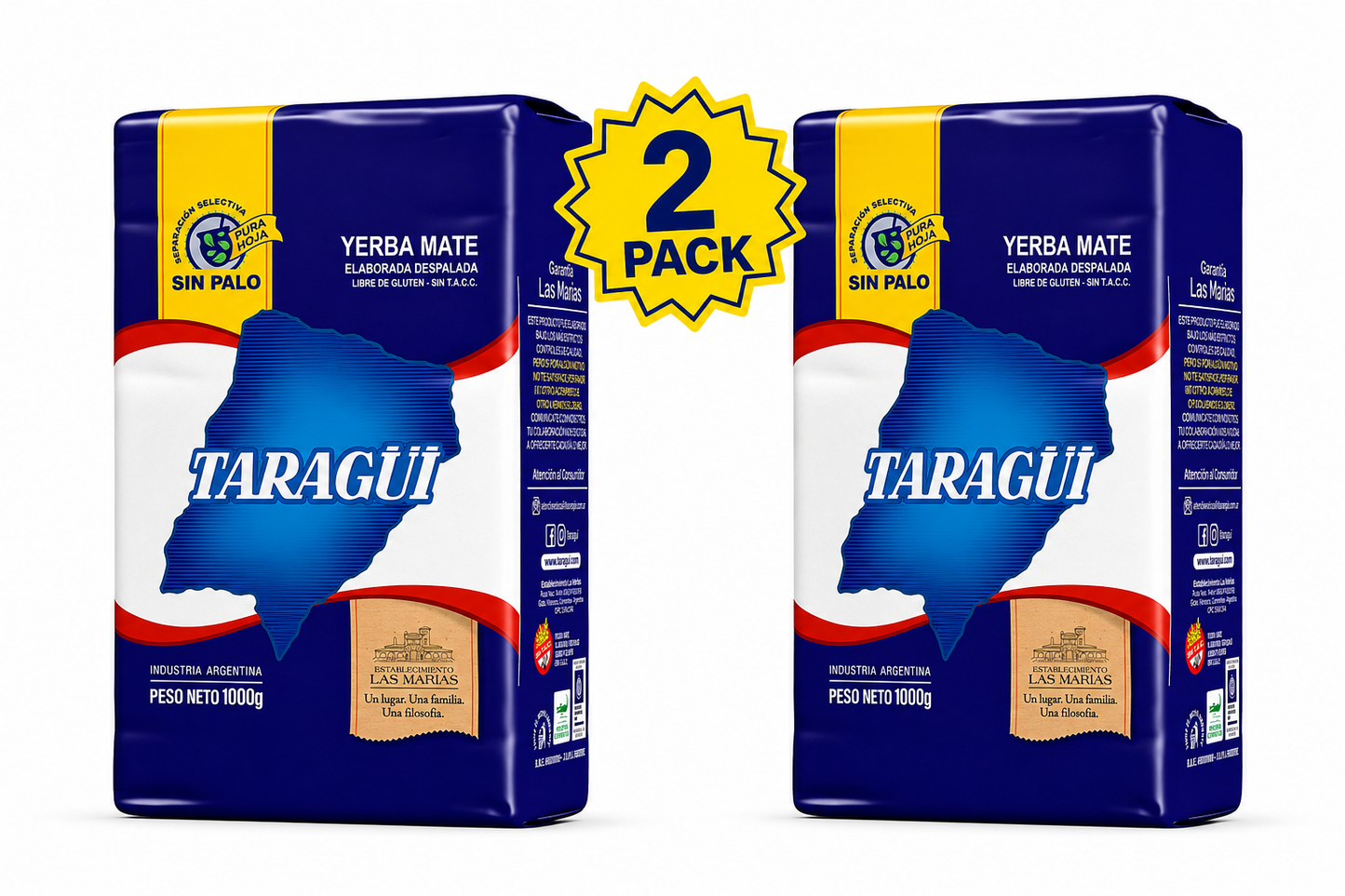 2 pack Taragüi Yerba Mate No Stems,Sin  Palo 1kg - 2.2 lbs Total 4.4 Lb. (Blue Pack)