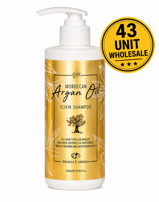 43 Unit Wholesale – Marisa Carrera Moroccan Argan Oil Elixir Shampoo 250 ml (8.45 fl oz) | Volumizing & Moisturizing Shampoo for Curly, Color-Treated & All Hair Types
